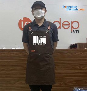 May và In Tạp dề dáng dài màu nâu phối da Quán May Coffee