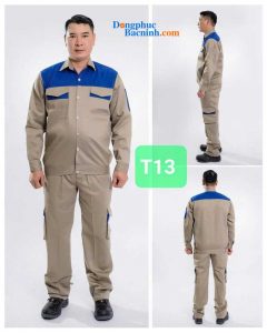 May đồng phục bảo hộ màu be phối xanh dương